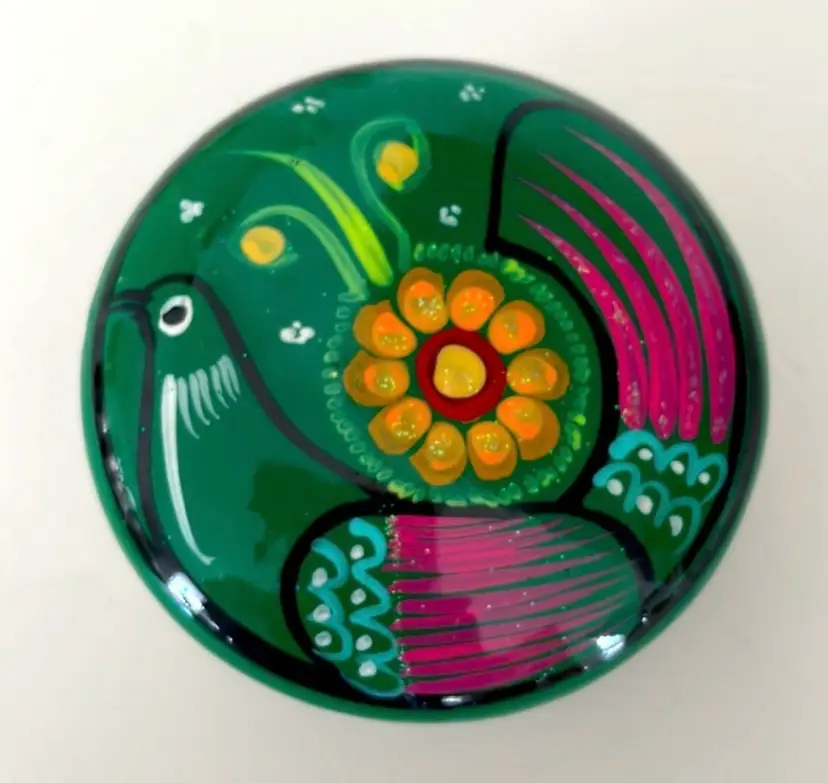 It Has A BIRD On It And It Glows!!! Mexican, Green, Hand painted, Red ware, Trinket Box 