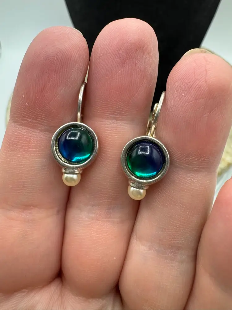 Silver Tone Blue Green & Faux Pearl Earrings - Leverback
