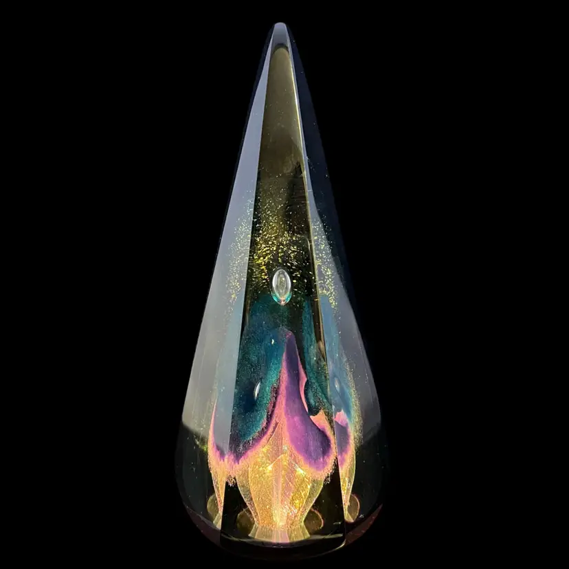 Stuart Abelman 1995 Iridescent Floral Lighted Dichroic Glowy Pyramid Obelisk Paperweight 6.75”