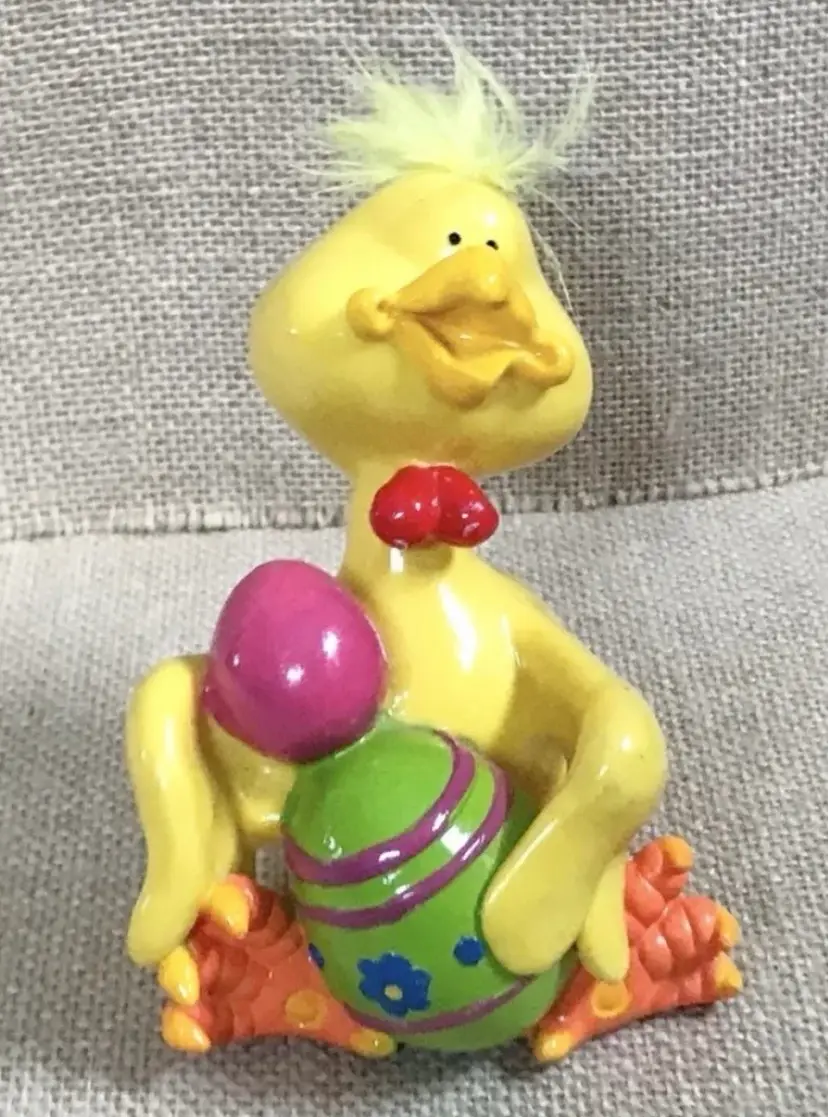 Vintage Kitschy Yellow Duck Holding Easter Eggs Figurine Duckling Whimsical Fun