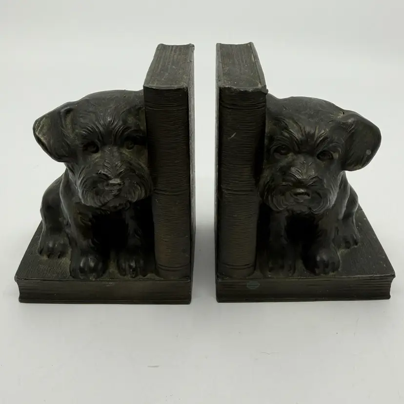 Vintage Bookends Sitting Terrier Puppies With Textured Books Cast Metal
