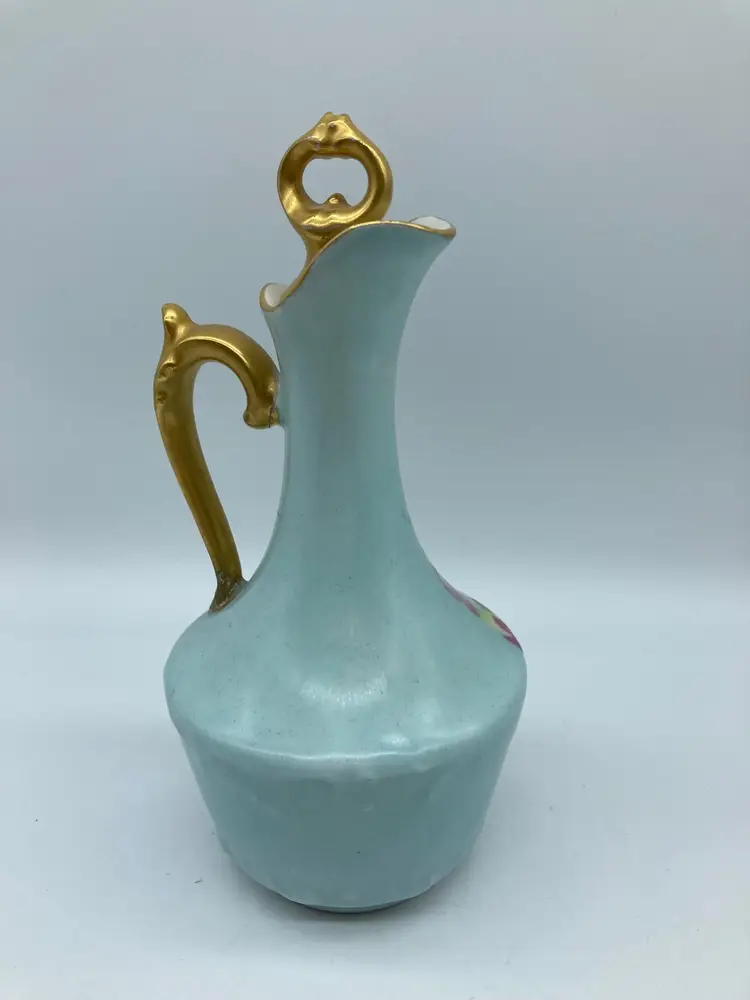 Antique Venice 1896 T & V Limoges France Blue Floral and Gold Cruet - Repaired