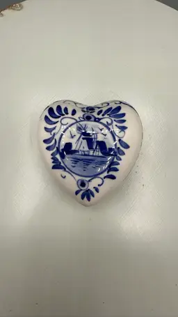 Vintage Handpainted Delft Blue Heart Shaped Trinket Box - Original Holland Artwork - Windmill Motif