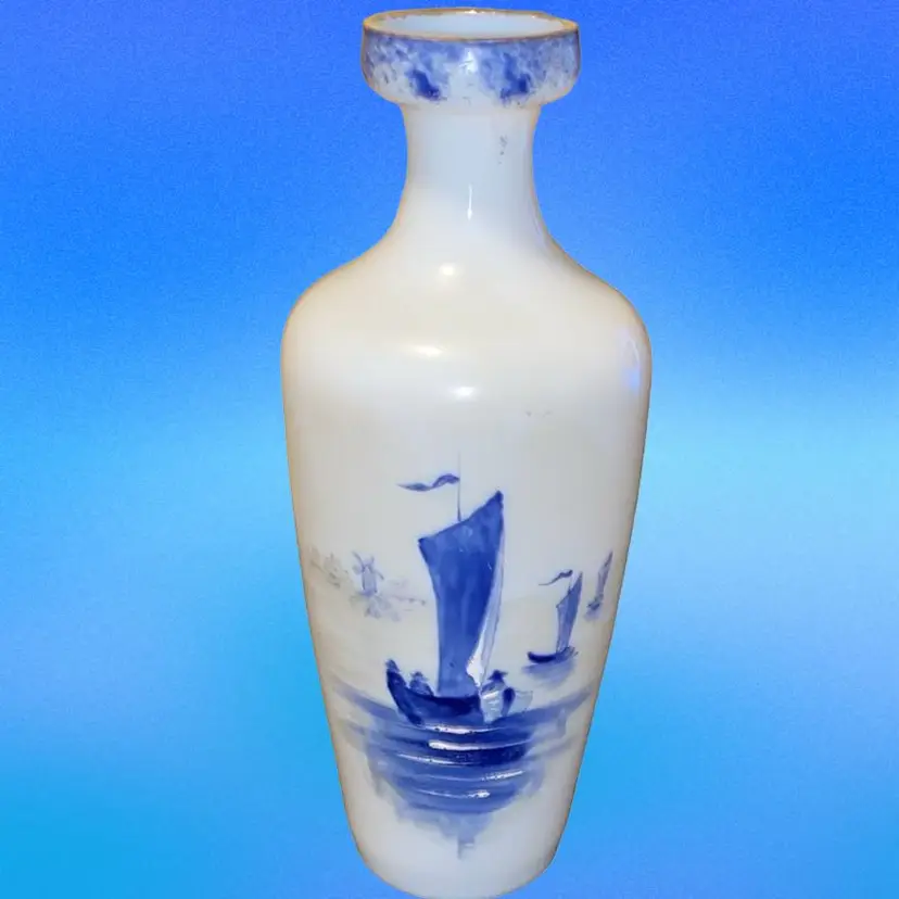 Antique Opaline Delft Hand Painted Blue White Vase Dutch Scene
