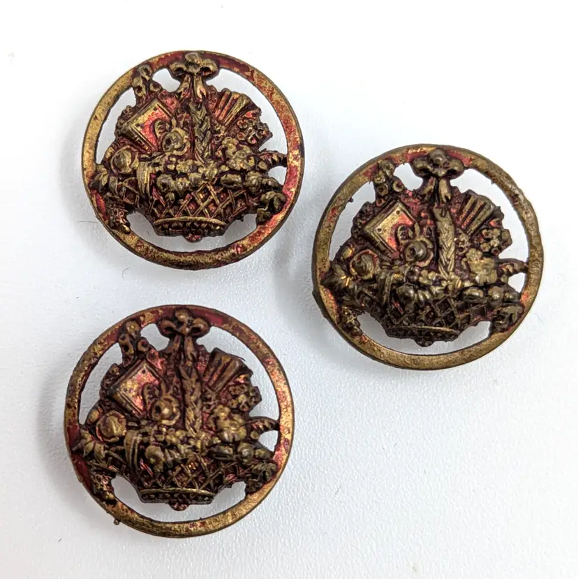 Victorian Brass Picture Button Floral Basket with Book