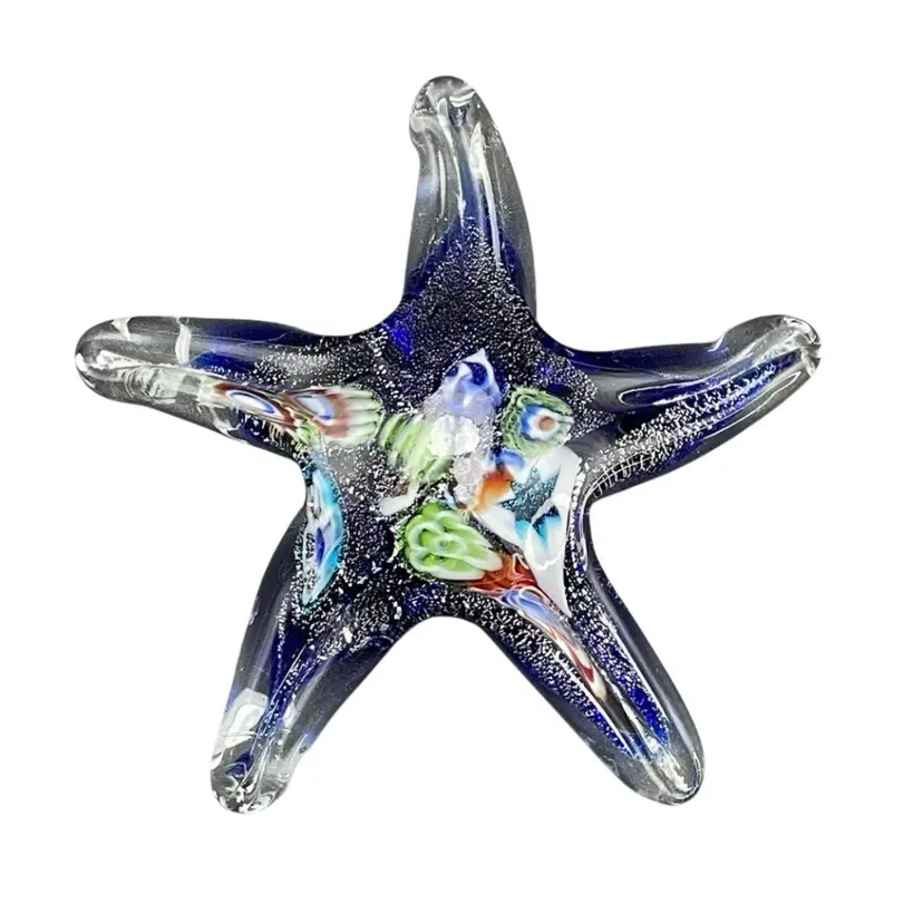Art Glass Blue Starfish Millefiori Paperweight Figurine Ocean Beach Decor