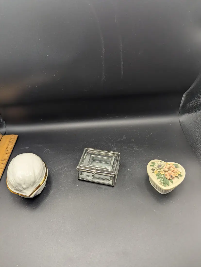 Trio of Vintage Trinket Boxes To Include Ermete Agostinelli Italian Porcelain Lucky Walnut Miniature Trinket Dish