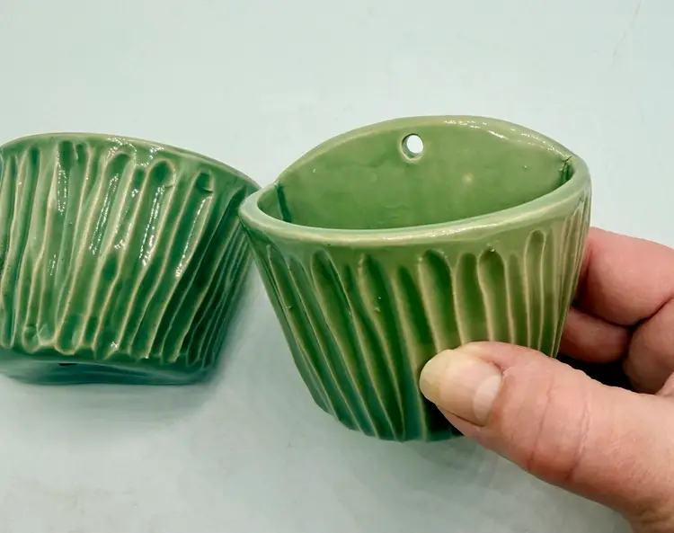 Vintage Mini Handmade Celadon Green Ribbed Ceramic Wall Pocket Set of 2