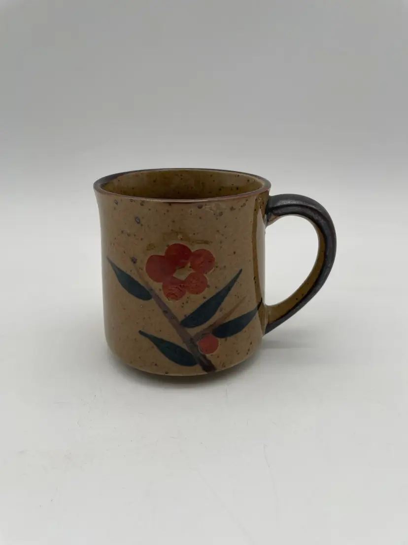 Vintage Brown Speckled Glazed Floral Coffee Mug