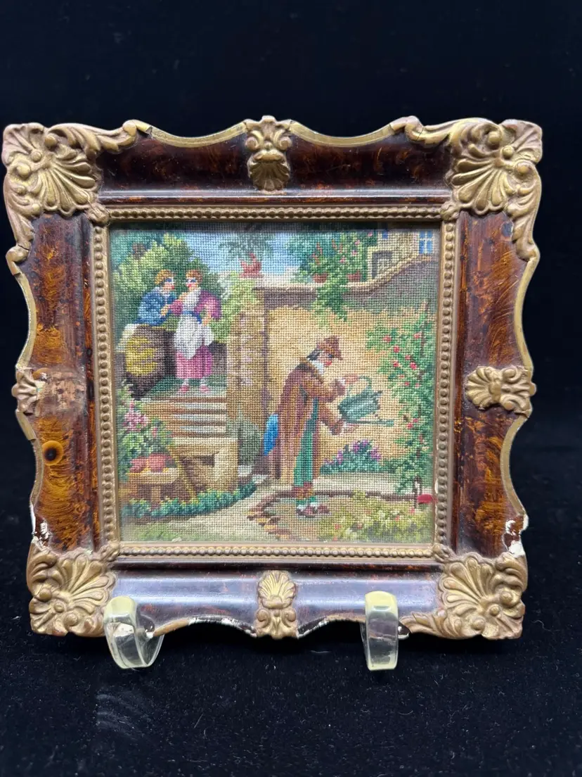 Vintage Framed Petit Point French Gobelin Of Couple In Garden Setting