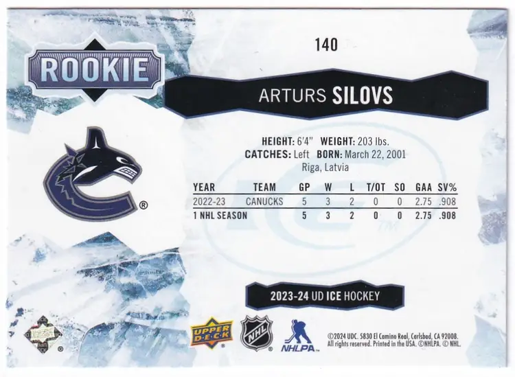 2023-24 Upper Deck Ice #140 Arturs Silovs RC Vancouver Canucks Hockey Card