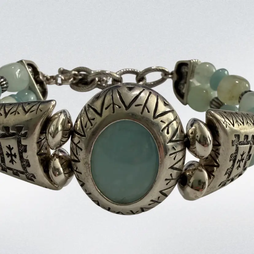 Lovely Sterling Silver Carolyn Pollack Toggle Clasp Bracelet With Light Green Quartz. 7-8”