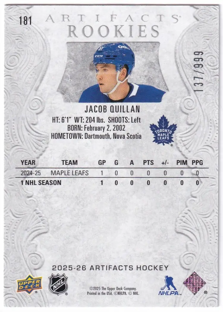 2025-26 Artifacts #181 Jacob Quillan RC Toronto Maple Leafs Hockey Card