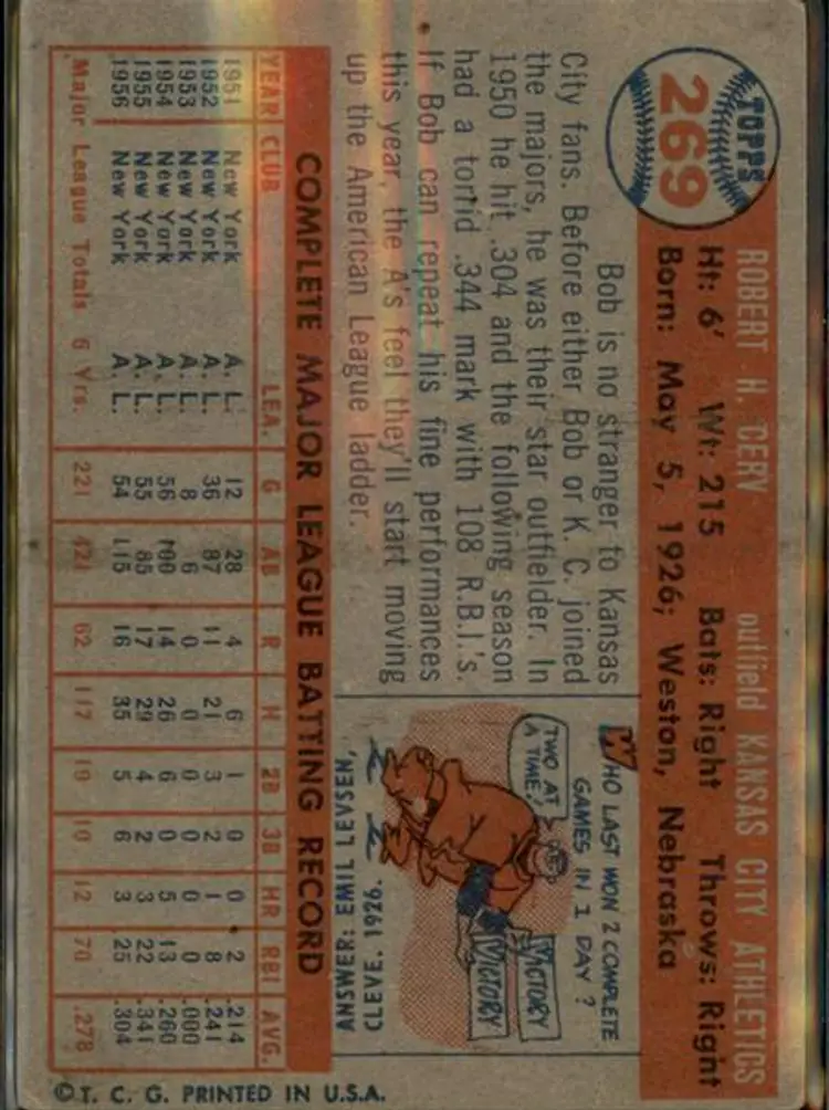 1957 Topps #269 Bob Cerv - ( pk1 ) - Kansas City Athletics