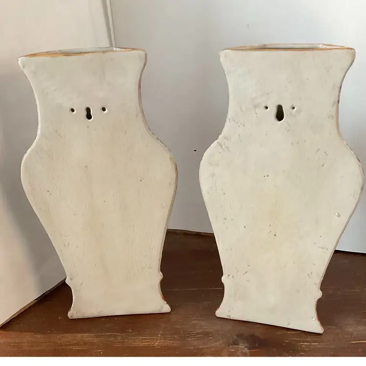 Vintage Large Pair Hand Painted Rose Medallion Chinese Porcelain Wall Pockets 13”x 7”