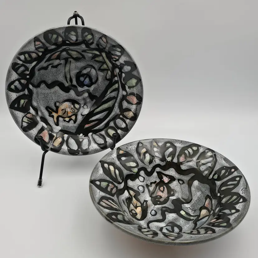 Studio Pottery Bowls With Beach, Fish, and Peace Sign