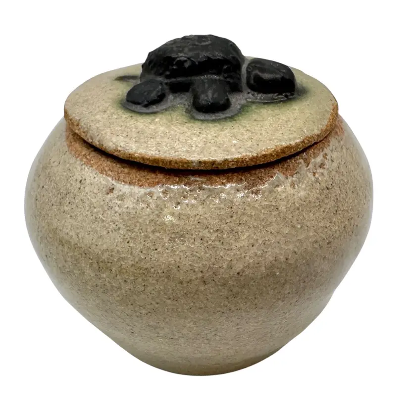 Signed RA Studio Art Pottery Lidded Jar Pot Trinket Box Hidden Turtle Beige 3”