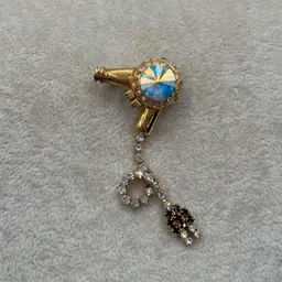 #J28 - Hair Blow Dryer Brooch Gold Tone AB Beautician Stylist