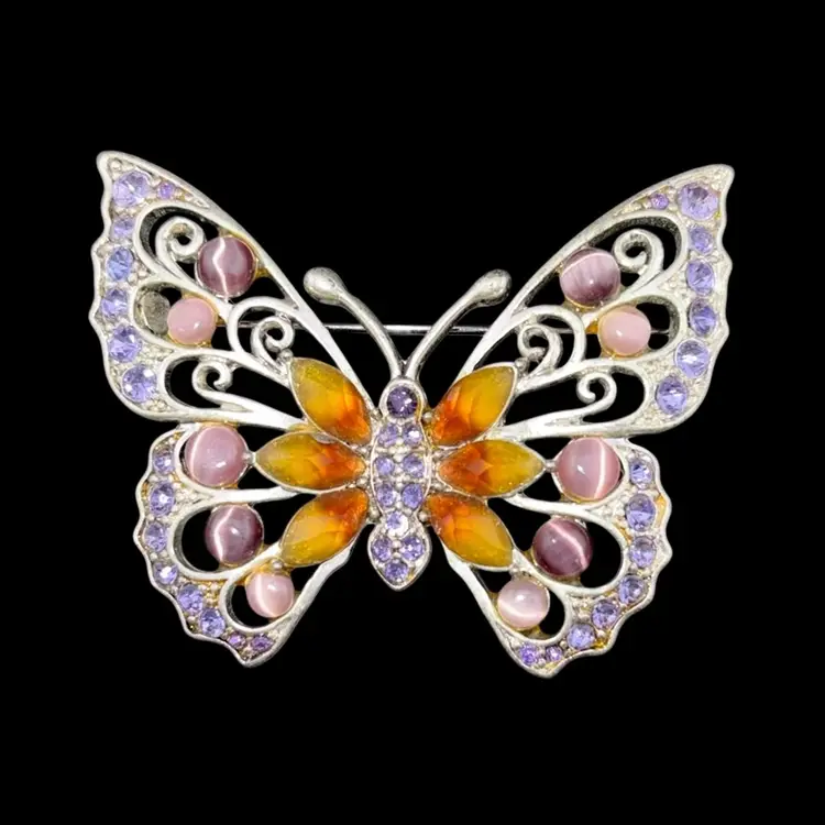 Luz Clayborn Butterfly Silver tone And Gemstone Pendant Signed