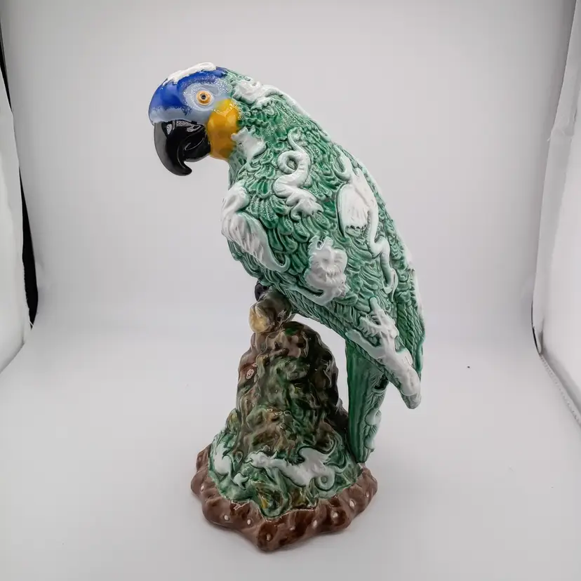 Majollica parrot statue, made in Portugal