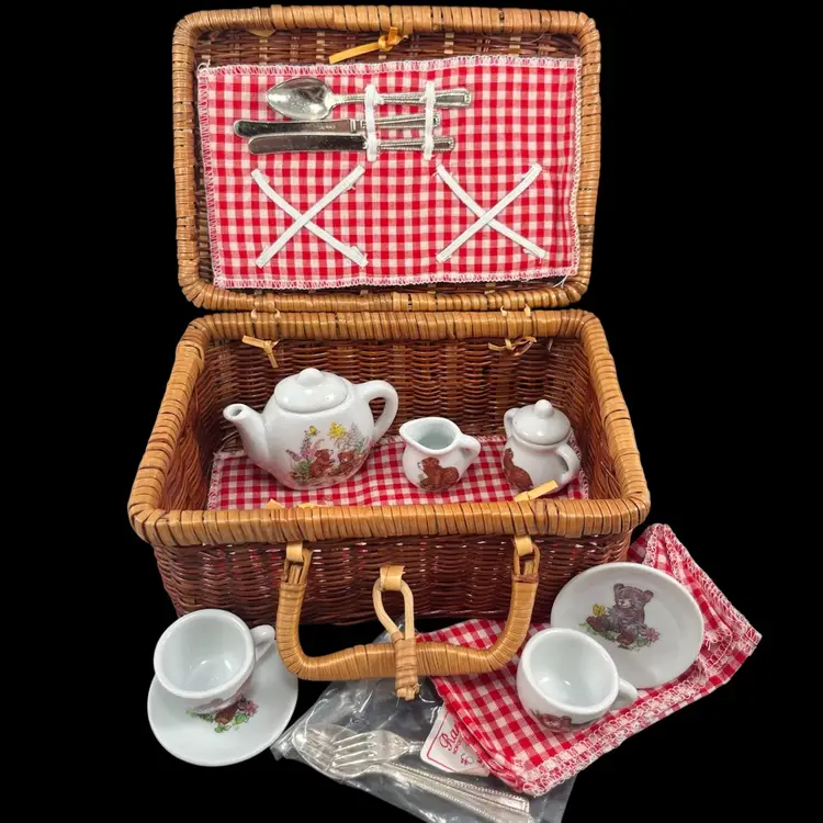 Miniature Porcelain Tea Set With Teddy Bear Motif And Basket, Mini Tea For Two Tea Set In Wicker Picnic Basket