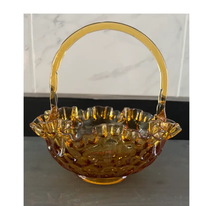 Vintage Fenton Amber Thumbprint Glass Basket With Ruffle Rim