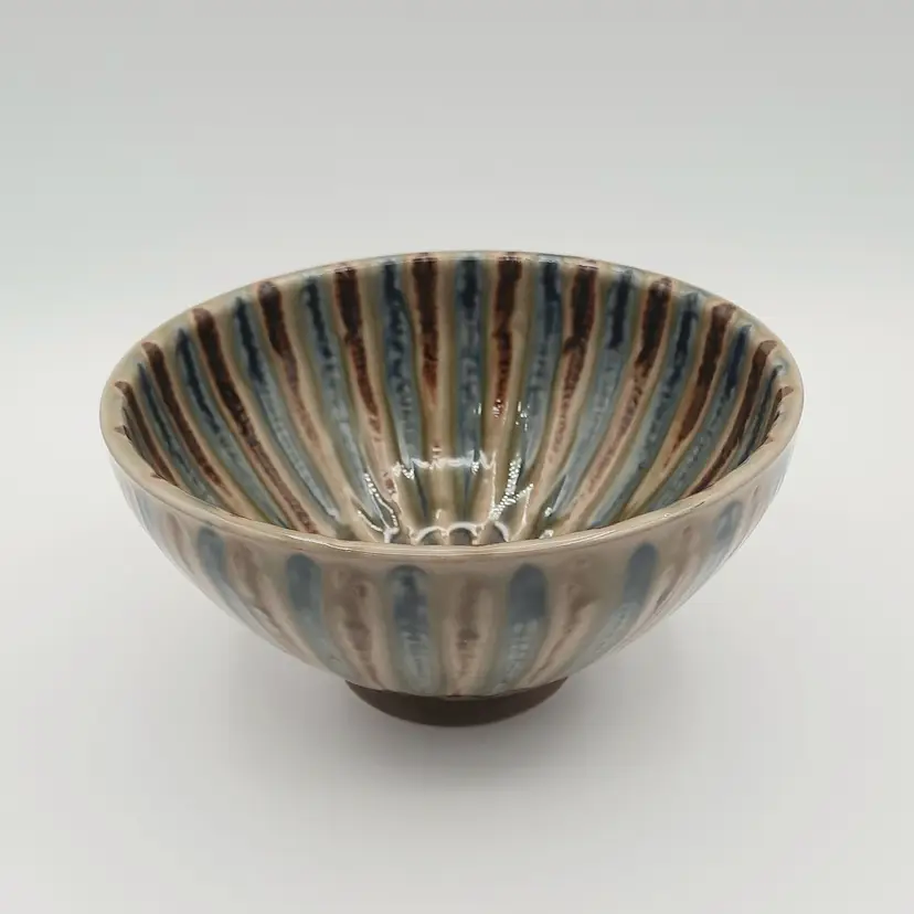 Vintage Art Pottery Glazed Bowl Blue Green Brown Striped