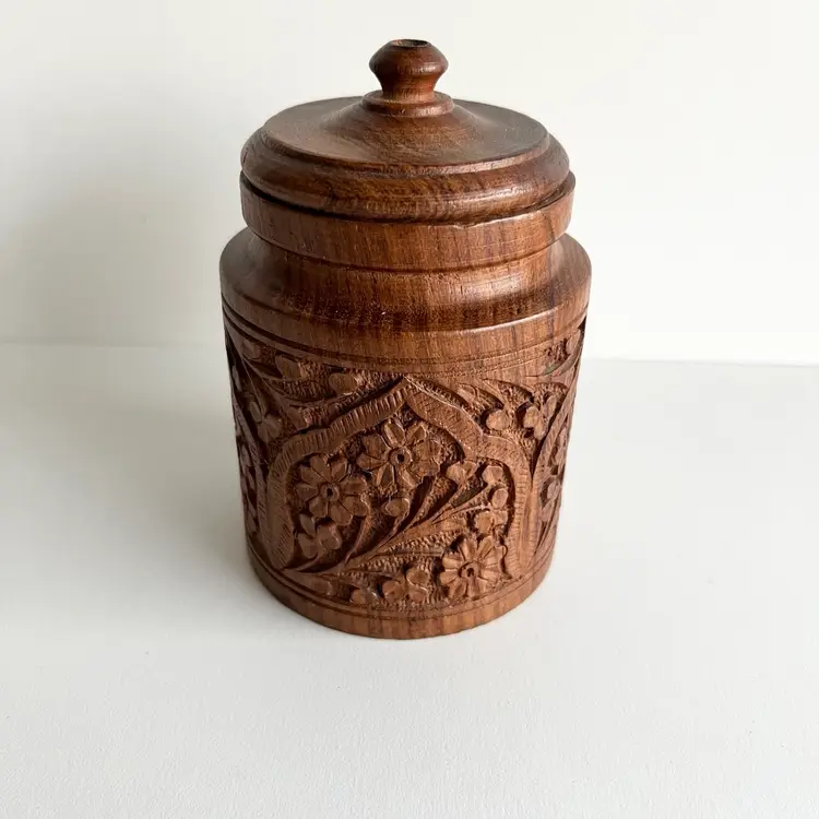 Sheeham Wood Carving Canister, Boho Storage