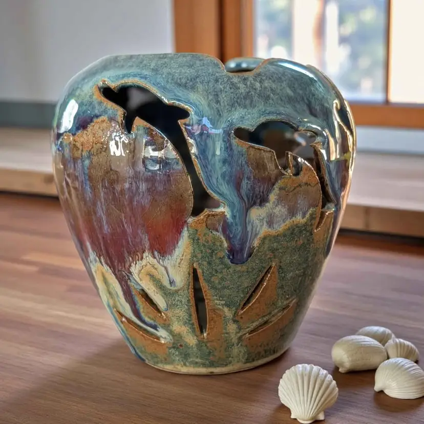 Vintage Julia Sutter Art Pottery Cut Out Candle Holder Luminary Dolphin Seascape