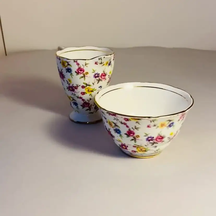 #3703 ENGLAND Rosamunde Floral Chintz Royal Stafford Bone Porcelain UK Creamer and Sugar Set Spring Floral Decor