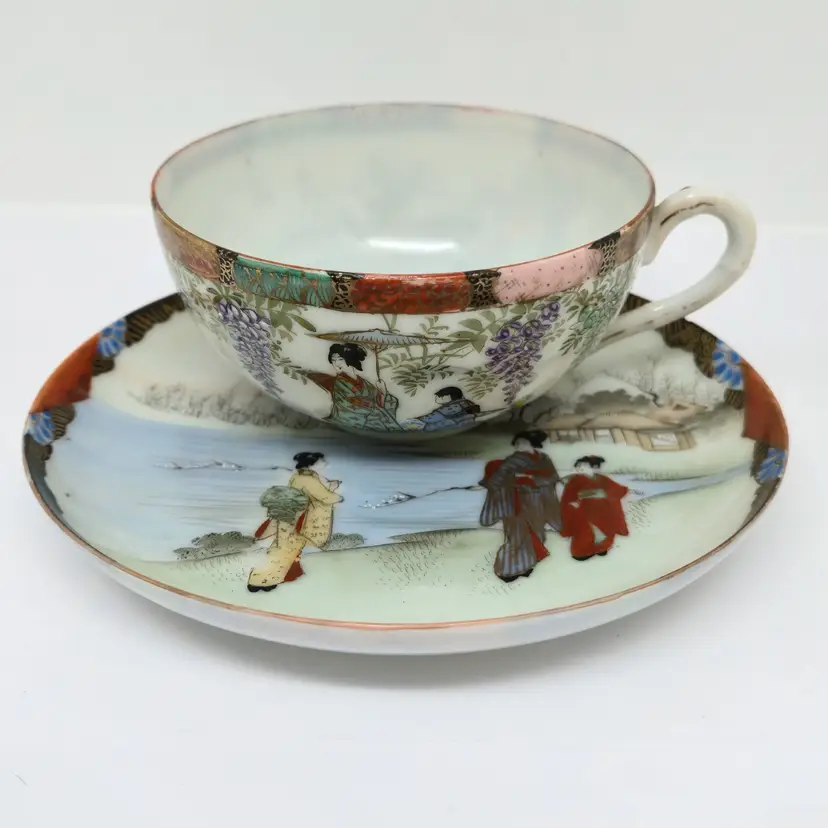 Transparent, Eggshell Porcelain, Hand Painted Japanese Teacup and Saucer, Geisha Ware