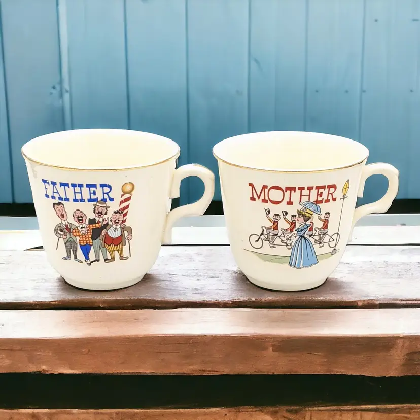 Vtg Homer Laughlin Father and Mother Tea Coffee Cup Mug Barber Shop Tandem Bike