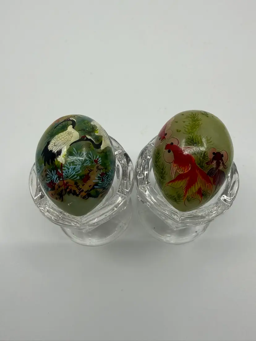 2 Hand Painted Green Jade Eggs Cranes & Koi Fish