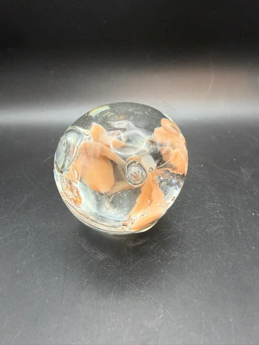 Vintage Glass Paperweight With Internal Swirling Peachy-Tan Elements - UV Glow