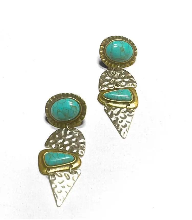 Hammered Earrings Faux Turquoise Silver And Goldtone