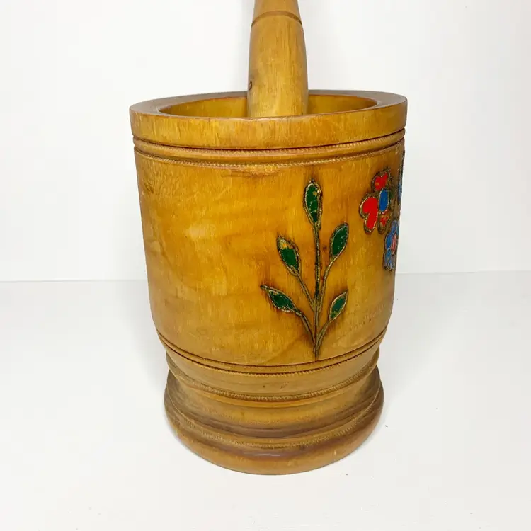 Mortar & Pestle Wood Greece Hand Carved Grinder Pot Hand Painted Large 6.5” X 5”
