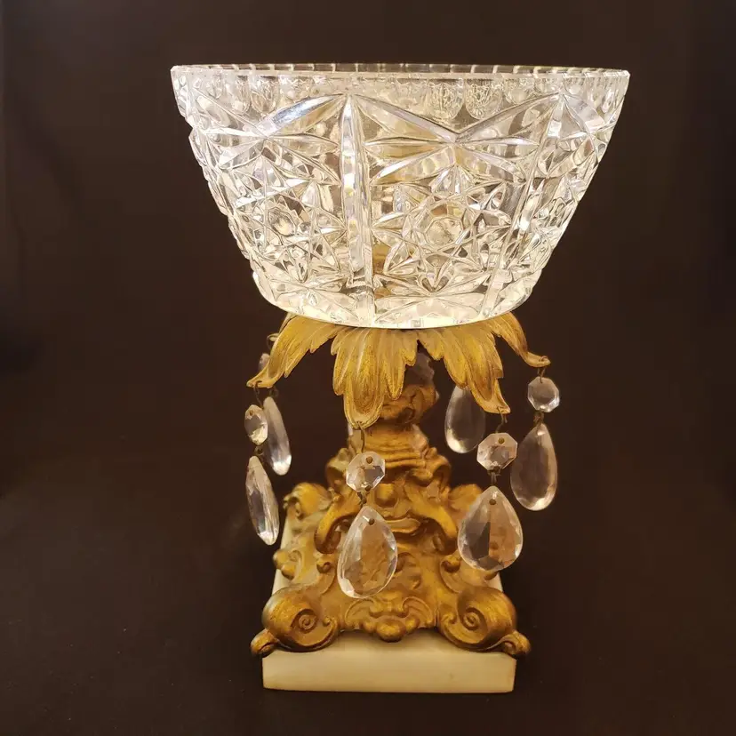 Hollywood Regency Glass Compote with Crystal Prisms Gilt Metal Marble Base Vintage