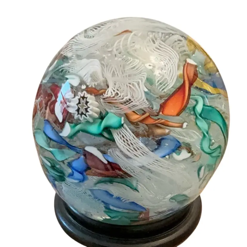 Vintage Murano Art Glass Paperweight W/Latticino Scramble 3”-READ