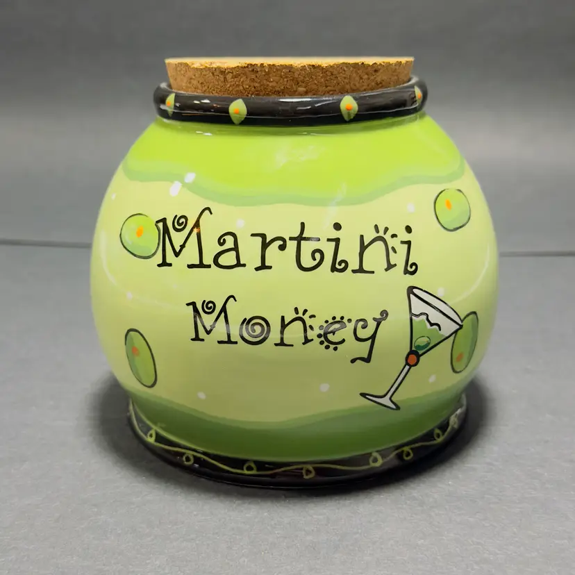 #1258 Bella Casa By Ganz, Ceramic, "Martini Money" Cash Jar, Coin Bank W Cork Lid
