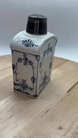 Antique Porcelain Blue White Tea Caddy/Bottle Metal Cap Unsigned