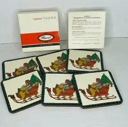 Set of 6 Vintage Pimpernel Christmas Coaster Santa's Sleigh Cork Back