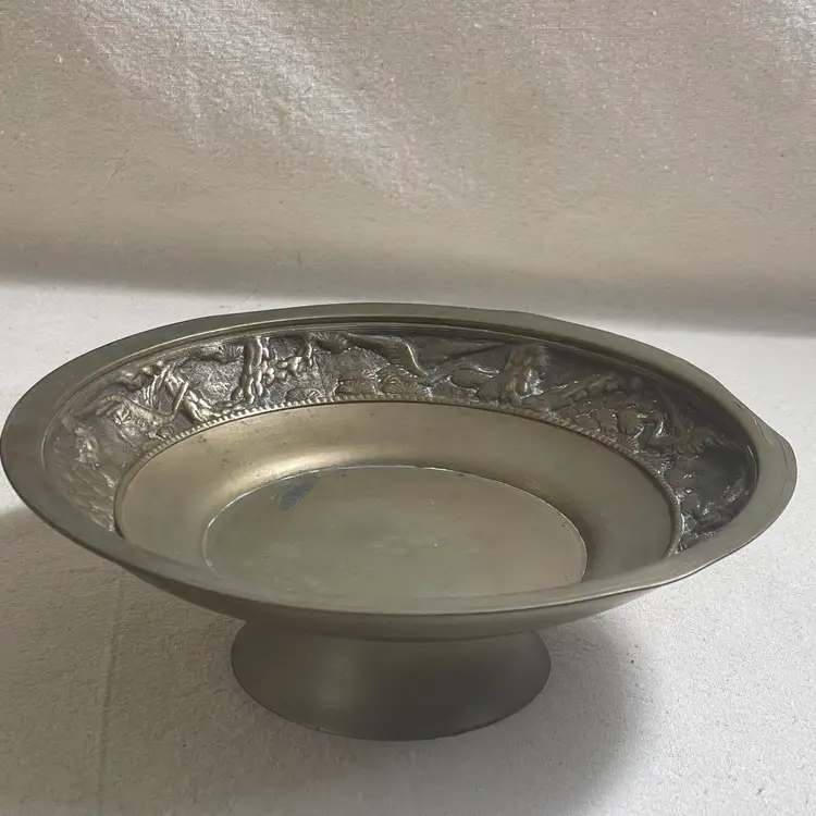 Vintage Brass Footed Bowl Dish Cranes Storks Korea Mid Century Decor Patina