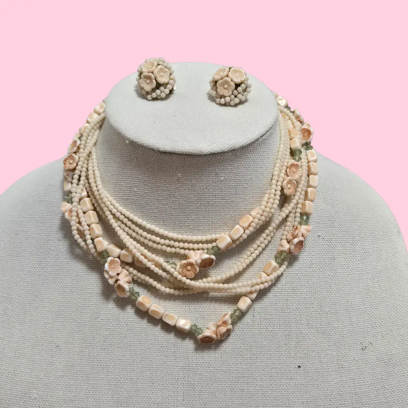 Japan Flower Lucite Beaded Necklace & Clip ons