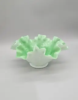 Fenton Milk Glass Apple Green Overlay Beaded Ruffled Melon Bowl