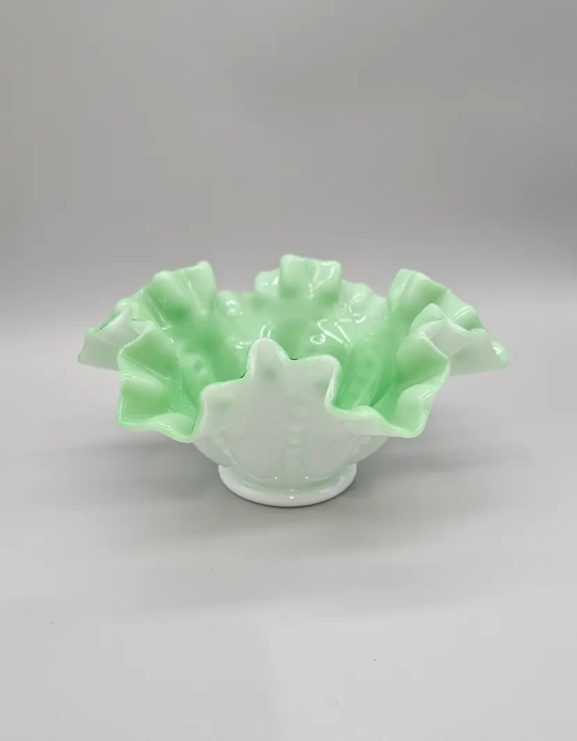Fenton Milk Glass Apple Green Overlay Beaded Ruffled Melon Bowl