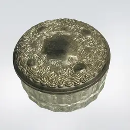 Vintage Crystal Glass w/Embossed Silver Plated Lid Powder Box Jewelry/Trinkets