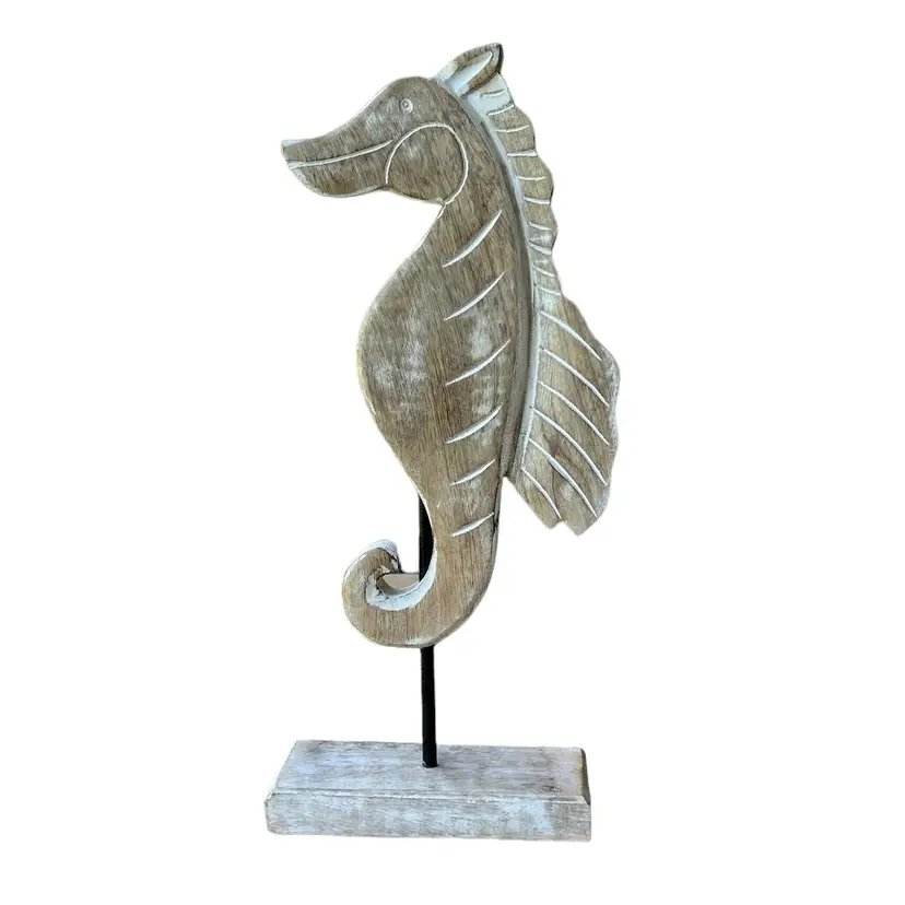 White Wash Wooden Seahorse Sculpture on Mount