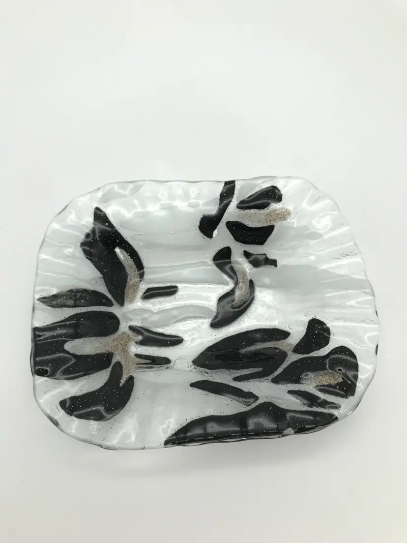 Fused Art Glass Dish Signed Trinket Ruffled Edge Black White Clear 5.75”x4.5”