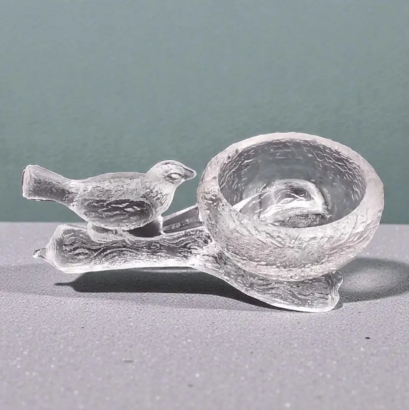 Fåglavik Glasbruk Sweden Clear Glass Salt Cellar Bird With Nest on a Branch