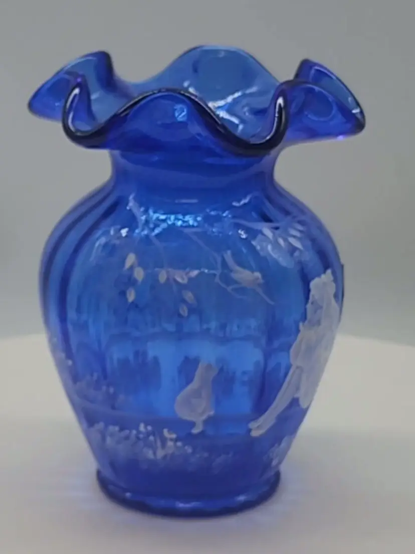 VINTAGE BLUE FENTON MARY GREGORY RUFFLED VASE ARTIST SIGNED